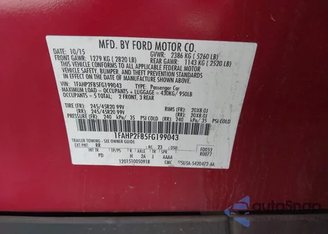 2015 Ford Taurus Limited z USA, uszkodzony, nr VIN 1FAHP2F85FG199043